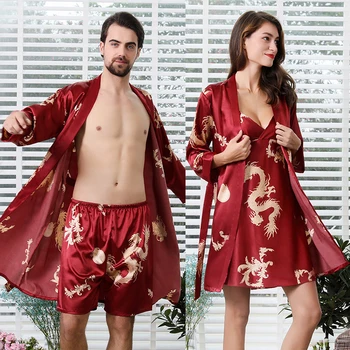 Dimensiune mare Pereche de Pijamale 2 buc Uzura Acasă Imprimare Satin cămașă de noapte Kimono-Halat de baie pentru Femei Alunecare Bună Rochie de Libertate Halat Body