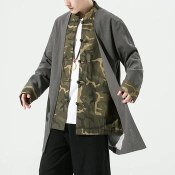 China Bărbați Stil Retro, Lenjerie de pat Med-Trench lung Barbati Primavara Toamna Sacou Casual Barbati Tang Costum Hanfu Fals Două Jachete