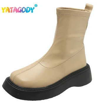 YATAGODY Dimensiune 35-40 Femei Cizme Glezna Deget de la picior Pătrat de Moda Pene Toc Pantofi de Iarna Femeie Platforma Cizme Scurte Casual Stretch Boot