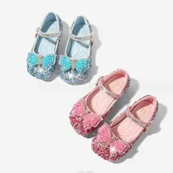 Fete Printesa Nouă Copii Cu Albastru De Dans Fată Singură Pantofi De Cristal Bowknot Stras Margele Pantofi De Piele De La Scoala De Partid