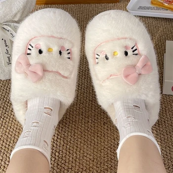 Sanrio Drăguț Hello Kitty Bumbac Papuci de Femei Pantofi de Iarnă de Interior Acasă Grosime de Fund Non-Alunecare Termică Papuci de Catifea