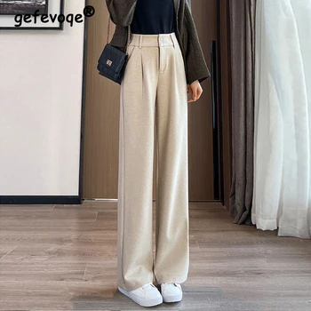 Moda coreeană de Lână Gros Drepte Largi Picior Pantaloni pentru Femei Toamna Iarna Vintage Birou Doamnă Înaltă Talie Costum Casual Pantaloni