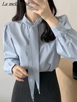 Moda coreeană Camasi Pentru Femei 2024 Primăvara anului Nou liber Casual Dantela-Up Bluza Doamne de Birou Elegant cu Maneca Lunga, O Gât Topuri