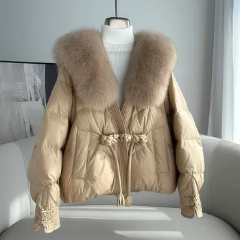 Stil Chinezesc În Jos Jacheta Femei Mari Naturale Vulpe Guler De Blană Haină Călduroasă 2023 Noua Moda Gros De Zăpadă Vânt Parka De Sex Feminin