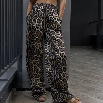 Leopard de Imprimare Pantaloni Largi Femei Elegante Toamna Elastic la Mijlocul Talie Buzunar Pantaloni Largi Picior Y2K INS Haine Streetwear