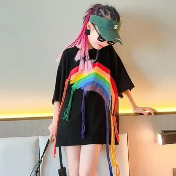 Fata Mâneci Scurte Topuri 8 10 ani Vara Streetwear Curcubeu de Imprimare Vrac Moda tricou Lung pentru Adolescent