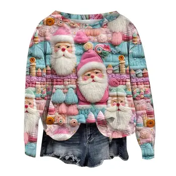 Stil Tricou 3d Colorat om de Zăpadă Moș Imprimare Femei Crăciun Top Runda Gât Maneca Lunga Pulover Vrac An Nou Stil Cald