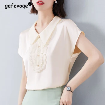 Vara 2023 Noua Moda Coreeană Elegant Chic Margele Dantelă Mozaic Bluza Femei De Top Casual Solidă Maneca Scurta Dulce Sifon Tricouri