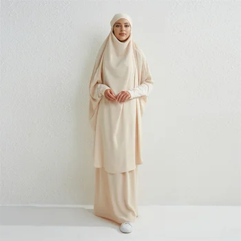 Musulman Stabilește Două Bucăți De Rugăciune Imbracaminte Femei Abaya Seturi Lungi Cu Gluga Fumatului Camasi Cu Maneca Hijab Liber Fuste Maxi Jilbab-Ul