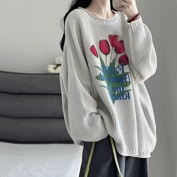 Toamna Cald Tricotate Pulover Femei Y2K Harajuku Streetwear Liber Floare de Imprimare Pulover Moda O de Gât cu Maneci Lungi se Potrivesc Jumper