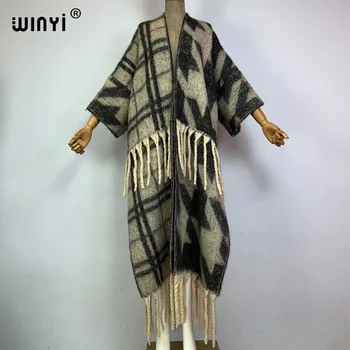 WINYI haine de iarnă Africa femeile Retro print ciucuri Lungi de Lux Blană Liber Palton Gros Cald timp jos haina de moda cardigan