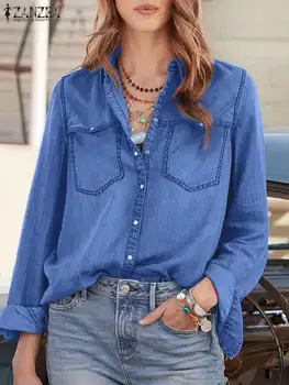 ZANZEA Femei Bluza Albastru Denim Cămașă Vintage Maneca Lunga Rever Gât Blusas Moda OL Munca Vacanță Topuri Femei Camasa Oversize
