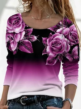 Moda Elegant Gât Rotund de Flori de Imprimare Femei Bluze Topuri Toamna Iarna Naveta Maneca Lunga Slim Fit de Agrement Topuri Femeile