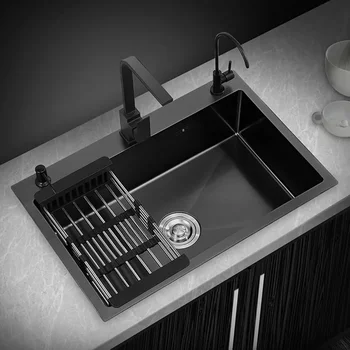 chiuveta de bucatarie Negru nano-chiuveta single-slot de uz casnic de mână-spălare bazin bucatarie mare 304 din oțel inoxidabil chiuveta chiuveta castron