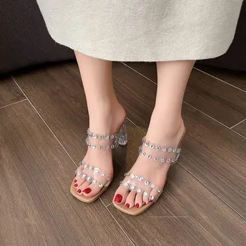 2023 Feminin Glezna Curea Sandale Plexiglas Tocuri Înalte De Moda Sexy Transparent Cristal Simplu Set Clasic Sandale Cu Toc Pătrat