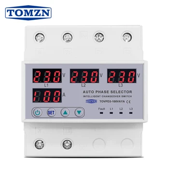 100A TOMZN 3 faze 3P+N șină Din faza selector reglabil Peste și Sub Tensiune protecție de curent Monitor Relee Protector