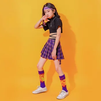Copii Fete Streetwear Hip Hop Jazz Carouri Fusta Mini Pentru Copii, Echipa De Majorete Dans Etapă Haine Cu Maneci Scurte Tricou Seturi