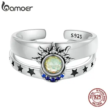 Bamoer 925 Sterling Silver Sun & Moon care pot fi Stivuite de Deschidere Inel Cuplu Promit Benzi de Dimensiuni 5-9 pentru Femei Chic Bijuterii Fine BSR490