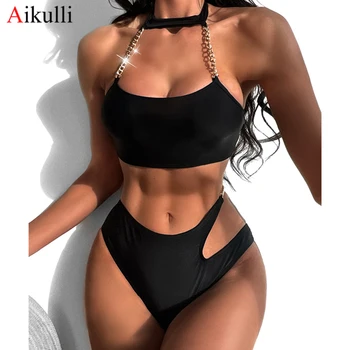 2023 Sexy Negru Talie Mare Set De Bikini Femei Costume De Baie Vara Noi Două Piese De Costume De Baie Femei Amatori De Scăldat Biquini Înot Costum De Baie