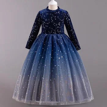 Nouă Fete Dress Gradient Cerul Înstelat Plasă de Așteptat Printesa Rochie de Toamna și Iarna Fata Maneca Lunga Costum pentru Pian Performanc