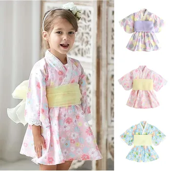 Fetita Salopetă Stil Japonez Fete Kawaii Print Floral Kimono Dress pentru Copii Costum Copil Yukata Asiatice Kimono-Îmbrăcăminte