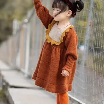 2023 Nou toamna și iarna fetita caramel maro cu guler din dantela cu maneca lunga pulover lanternă rochie cu maneci