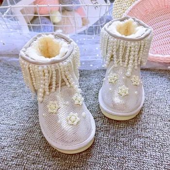 Perle Albe Ciucure Fete Printesa Cizme De Zapada 2023 Lux Cald Blana De Pluș Pantofi De Iarna Pentru Copii Copii Botine Pantofi Copii Mici