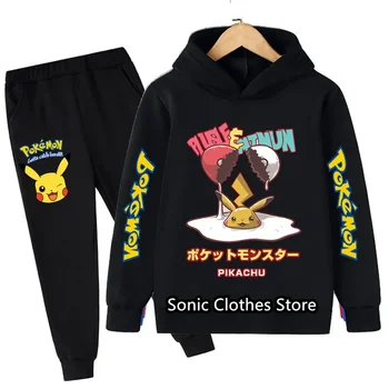 Pokemon Pikachu Baiat Fata Hoodie Costum de Bumbac pentru Copii cu Gluga Sport Set Pantaloni Baieti Haine 2 pez 4 5 6 7 8 9 10 11 12 13 14 Y