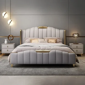 Italiană minimalist din piele pat, minimalist modern, dormitor matrimonial pat king-size, dormitor cu pat dublu, lumina de lux high-end pat