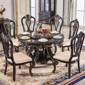 European din lemn masiv, masa marmura mesei rotunde culoare abanos masă rotundă placă turnantă masă și scaun.