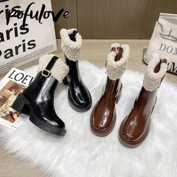 Pofulove Cizme de Iarna pentru Femei Cizme din Piele de Brevet Negru Maro Botine Pantofi Platforma Goth Punk Pantofi de Cald Botas