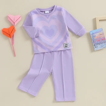 Fete Pantaloni Set Toddler Inima Print cu Maneci Lungi Rotunde Gât Tricou si Pantaloni Nou-născut 2 Bucată de Costume