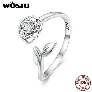 WOSTU Argint 925 Camellia Floare Deschide Inele Pentru Femei AAA Clar Zircon Inel Reglabil Nunta Logodna Bijuterii Cadou