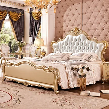 lemn de pat Europene dublu 1,8 m din piele nunta pat francez de Lux sculptate pat king-size, dormitor matrimonial Șampanie aur mobilier