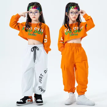 Fete Hip Hop Crop Top Portocaliu Pantaloni Copii Vrac Joggeri Street Dance Seturi De Haine Pentru Copii Jazz Streetwear Costume De Scenă