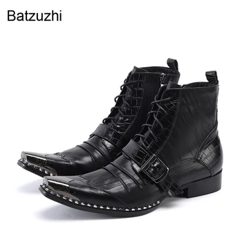 Batzuzhi New Sosire Moda pentru Bărbați Cizme a Subliniat Cap de Metal Negru din Piele Glezna Cizme Bărbați Dantela-up Zapatos Hombre, 38-46