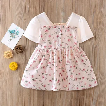 Summer Infant Baby Fete Dress Floral Imprimat Bumbac Cu Maneci Scurte Cusaturi Printesa Rochie De Copil Haine Pentru Copii De 0-3 Ani