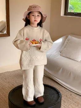 Îmbrăcăminte pentru copii Seturi 2023 Toamna coreean Copii Toddler Girls Pulover Simplu de Flori Tricotate Pulover+Pantaloni de Costum