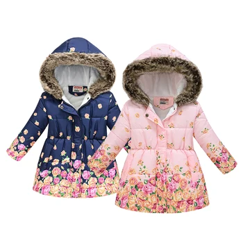 Iarna Fete Jacheta Ține De Cald Guler De Blană Flori Printesa Haină Cu Glugă Cu Fermoar Vânt Îmbrăcăminte De Haine Pentru Copii