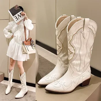 Femei Brodate Vest la Jumătatea Vițel Cizme de Cowboy Pătrat Tocuri Cizme a Subliniat Toe Platforma Cizme Femei de Vest Pantofi Plus Size42