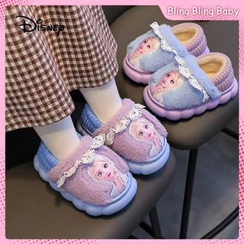 Disney Elsa De Pluș Iarna Fete Papuci De Casă Papuci De Casa Toc Folie Moale Cu Talpi De Iarnă Caldă Non-Alunecare Unic Drăguț Interior Podele Pantofi