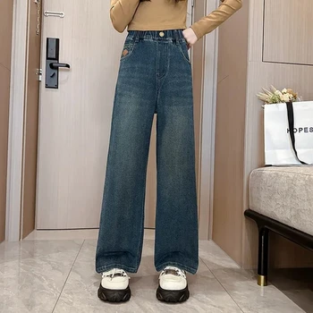 Teen Fete Jeans pentru Primavara Toamna coreean Casual Retro Albastru Denim Pantaloni de Moda de Talie Elastic Blugi Pentru Fete New Sosire Haine