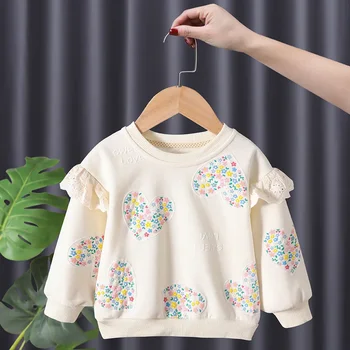 Noi Fetita Tricou Inima Imprimate Tricou Drăguț Stil Coreean Teuri Moale De Bumbac Dantela Maneca Decor De Toamna Imbracaminte Copii