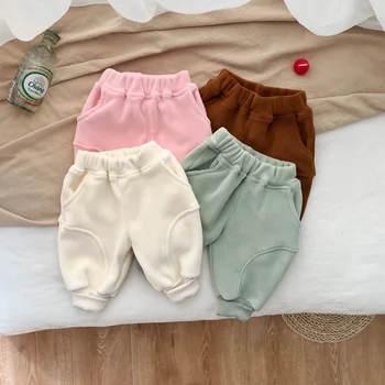 Stil coreean Copil de Culoare Solidă pantaloni de Trening Toamna și Iarna Fleece Căptușit cu Noul Copil de Moda Pantaloni Cald