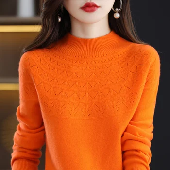 Prima linie ready-to-wear 100% lână pură pulover femei goale tricot pulover toamna și iarna nou semi-guler ridicat-partea de sus