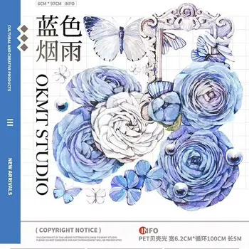 Vintage Blue Rose Ploaie Fluture Washi Banda PET Planificator DIY Carte Face Scrapbooking Plan Autocolant Decorativ