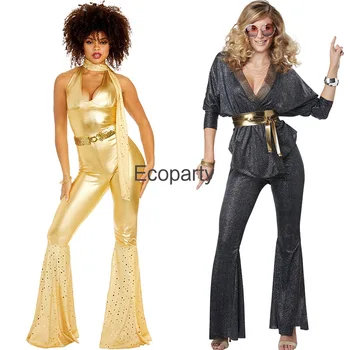 Halloween Purim Hippie Costum Pentru Femei de Aur Vintage anii ' 70 Disco Performanță Etapă de Dans Salopeta Femei Hippies Costume Cosplay