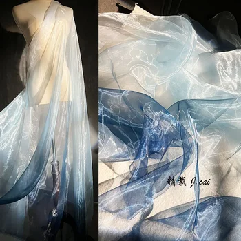 Lichid albastru Gradient Apos Fire Transparent Textura Curge Lucios Organza DIY Hanfu Designer de Tesatura