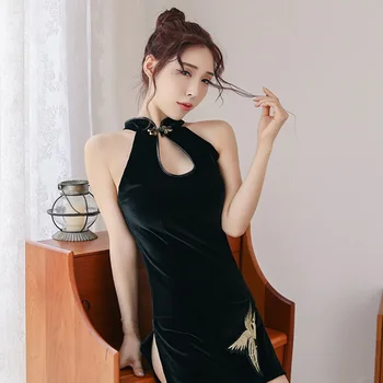 40-95 kg Partea de Nămol Catifea Cheongsam Lenjerie Sexy Uniforme Tentația de Temperament Chineză Femei Sexy cu Spatele gol Rochie de Noapte Erotice