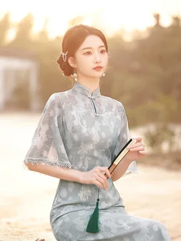 Elegant Gri Cu Imprimeu Cheongsam Femei Chineză Stil De Epocă Elegant Îmbunătățit Femeie Înaltă Split Qipao Rochie Hanfu